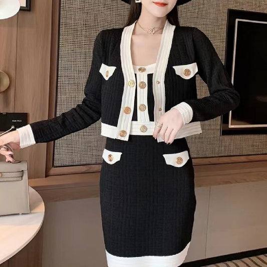 Contrast Knitted Buttock Skirt Winter Coord Set