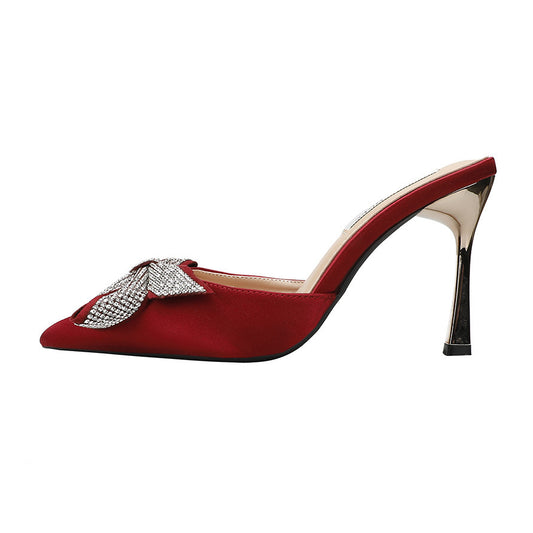 Black Satin High Heels with Crystal Bow