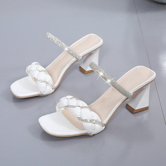 Braided Block Heel Sandals with Crystal Embellished Straps
