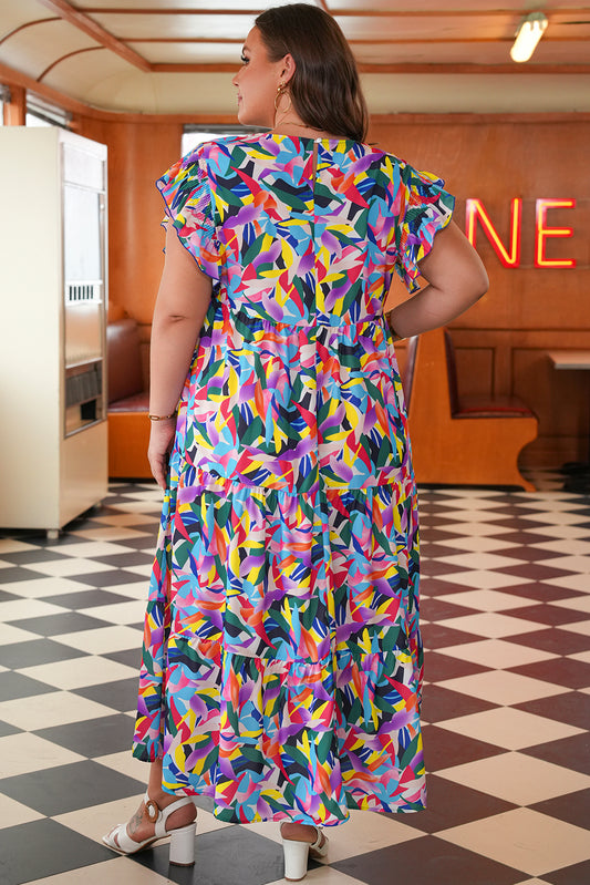 Blue Geometric Print Ruffled Short Sleeve Plus Size Tiered Maxi Dress-Stellar