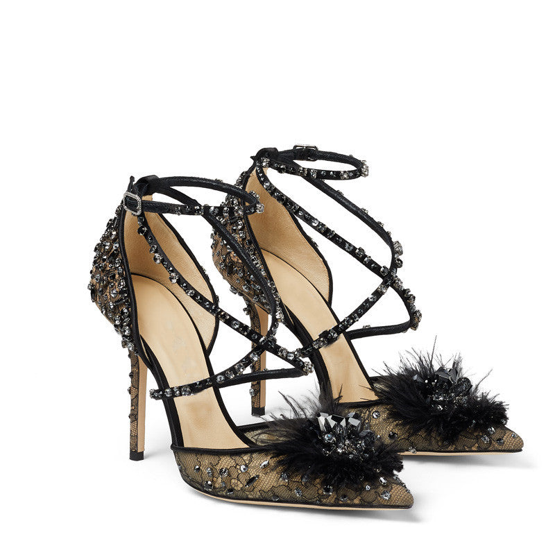 Luxury Black Crystal Embellished Strappy Heels for Women