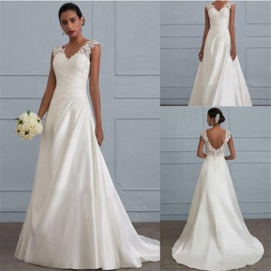 new white temperament lace dress European wedding bridesmaid backless low collar large size dress long skirt