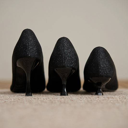 Black Glitter High Heels with Crystal Embellishment
