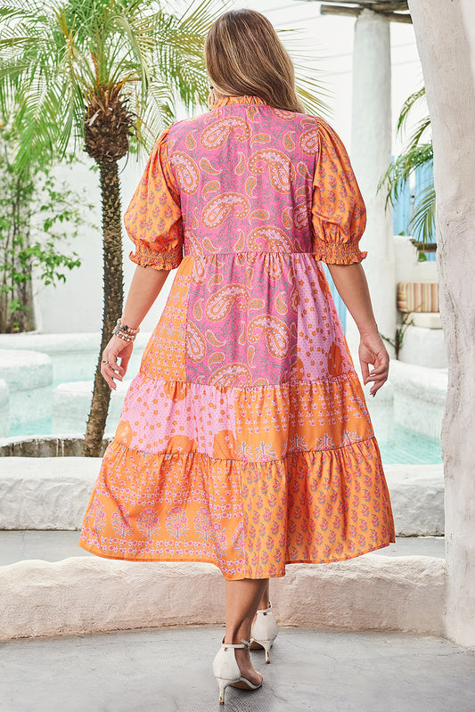 Pink Boho Paisley Floral Mixed Patchwork Tassel Tie Plus Size Midi Dress-Stellar