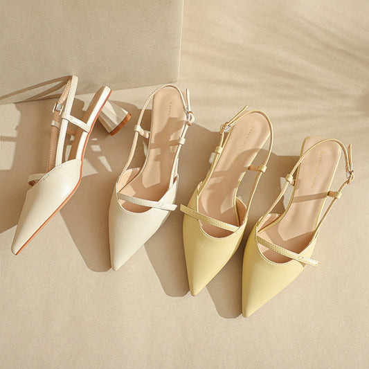 Beige Pointed Toe Slingback Block Heel Sandals