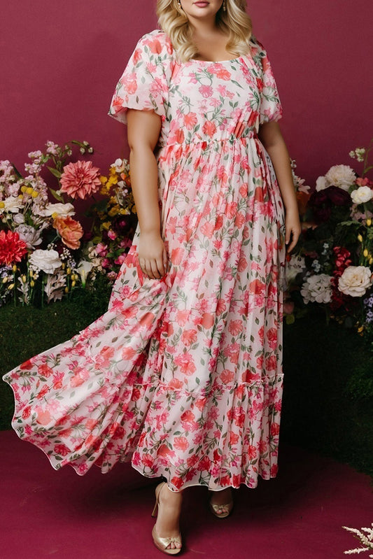 Pink Plus Size Floral Square Neck Puff Sleeve Ruffle Maxi Dress-Stellar