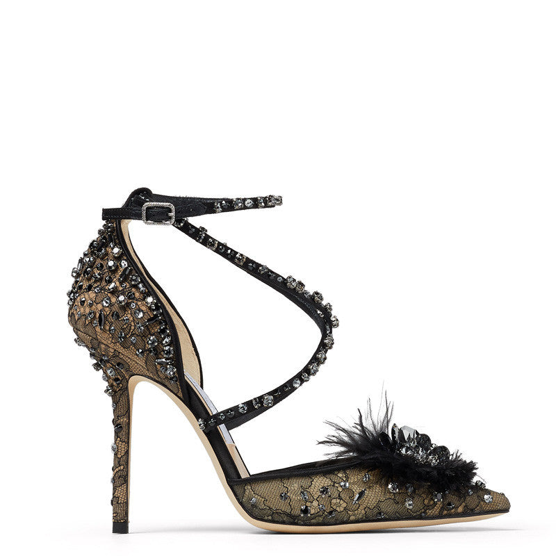 Luxury Black Crystal Embellished Strappy Heels for Women