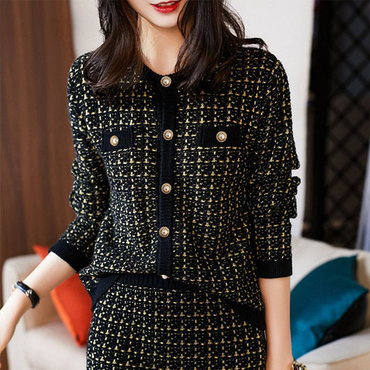 Elegant Knit Cardigan and Pencil Skirt Winter Coord Set with Pearl Buttons