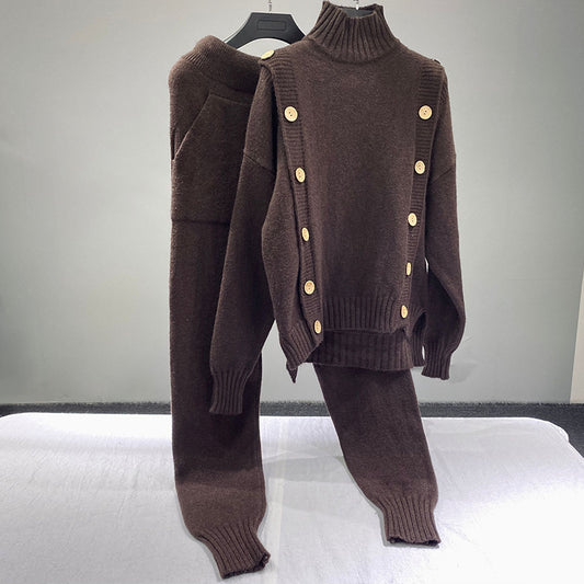 Elegant Chocolate Drop Shoulder Jumper and Ribbed Cuff Trouser Winter Co-ord Set