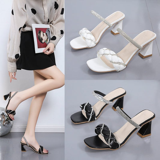 Braided Block Heel Sandals with Crystal Embellished Straps