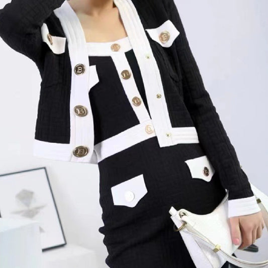 Contrast Knitted Buttock Skirt Winter Coord Set