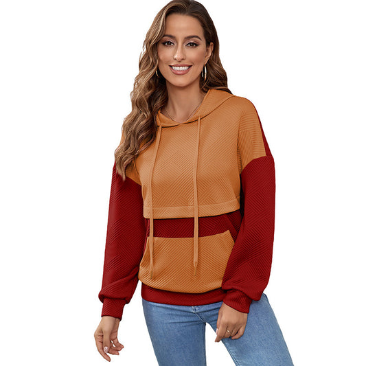 Winter Contrast Color Patchwork Hoodie Women's Loose Shoulder Pullover Top