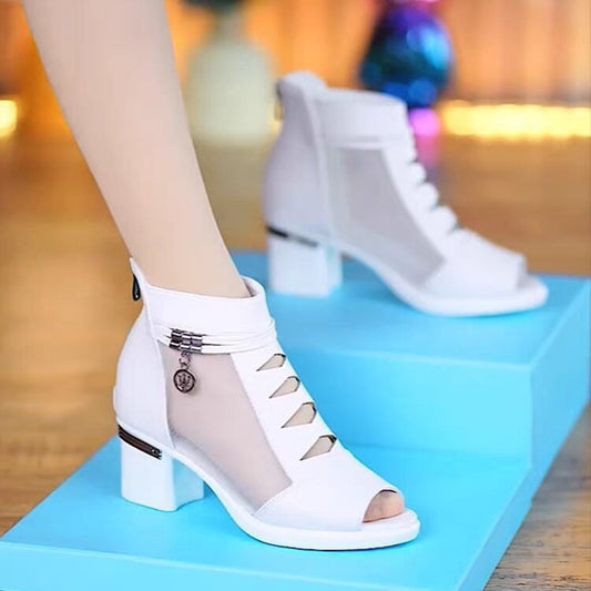 Black Peep Toe Block Heel Mesh Ankle Boots