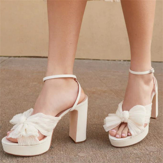 Satin Bow Block Heel Platform Sandals for Women