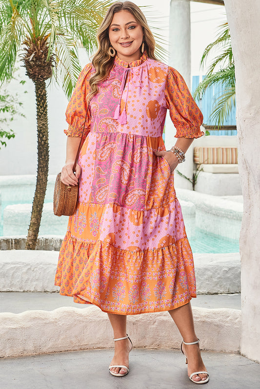 Pink Boho Paisley Floral Mixed Patchwork Tassel Tie Plus Size Midi Dress-Stellar