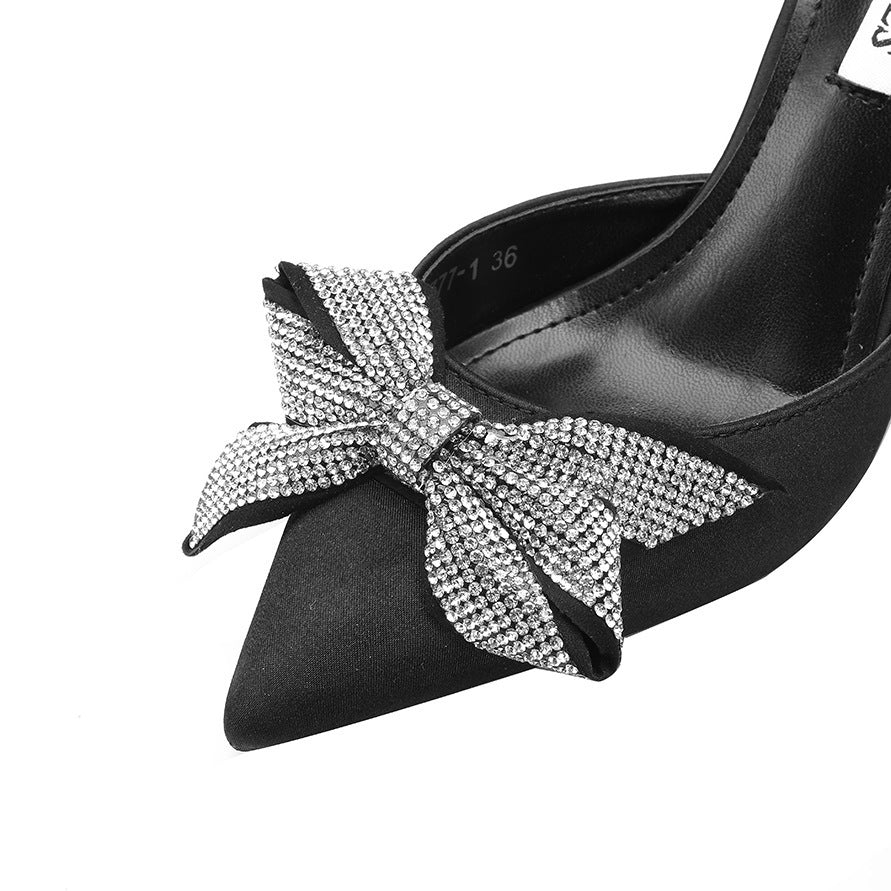 Black Satin High Heels with Crystal Bow