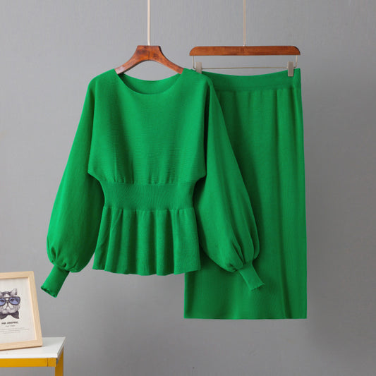 Elegant Peplum Hem Knit Sweater and Midi Skirt Winter Coord Set