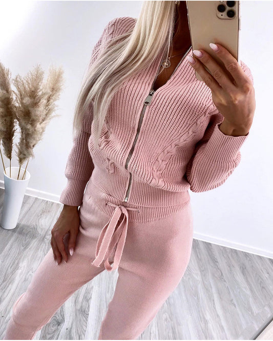 Cozy Cable Knit Full-Zip Cardigan and Drawstring Jogger Winter Coord Set
