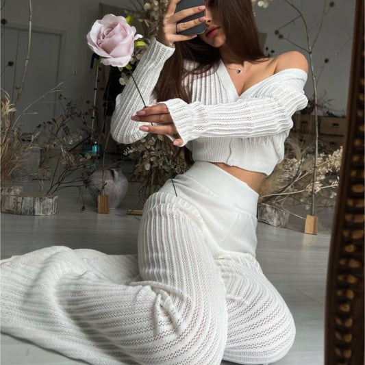 Deep V Ribbed Knit Sweater and Flared Trouser Winter Coord Set