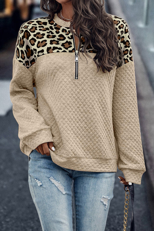 Leopard Print Stitching Zipper Sweatshirt Pullover Long Sleeve Top