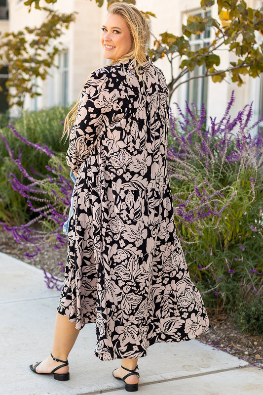 Black Plus Size Floral Printed Puff Sleeve Collared Maxi Dress-Stellar