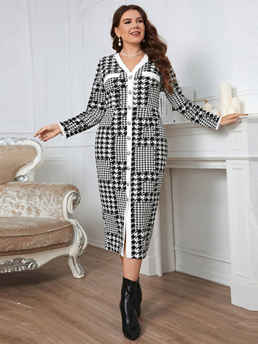 Plus-size slim-fit hip-packed long high-quality plaid midi dress-Stellar