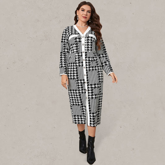 Plus-size slim-fit hip-packed long high-quality plaid midi dress-Stellar