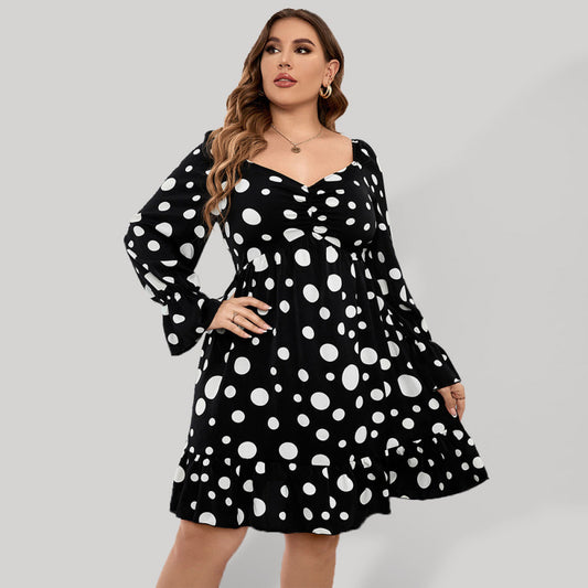 Plus size polka dot casual waist long sleeve dress-Stellar