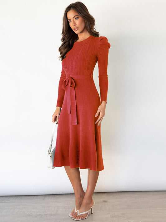 Women wool knitted puff sleeve high waist mid length dress