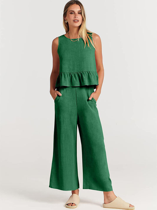 Sleeveless pleated vest wide-leg cropped Coord Set
