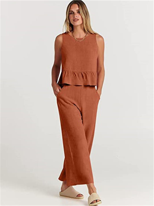 Sleeveless pleated vest wide-leg cropped Coord Set