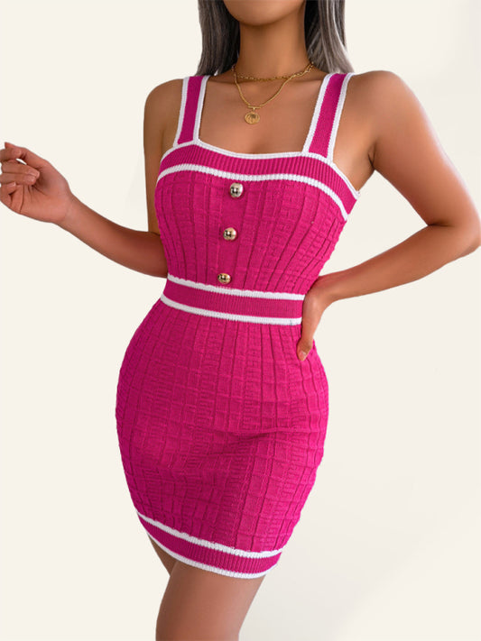 Casual square collar button color block waist knit package hip skirt