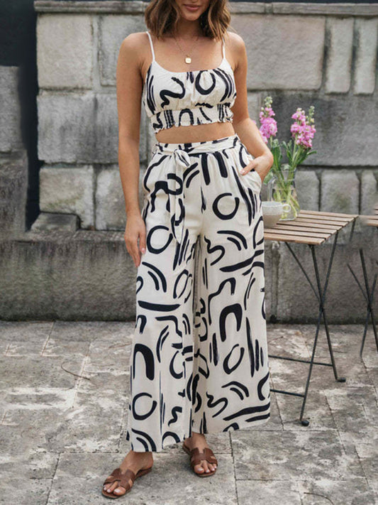 Black & White Leaf Print Strapless Wide Leg Co-ord Set for Women