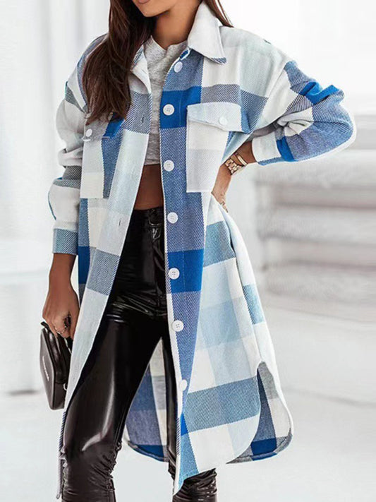 Color flannel plaid long windbreaker fashionable shirt woolen jacket