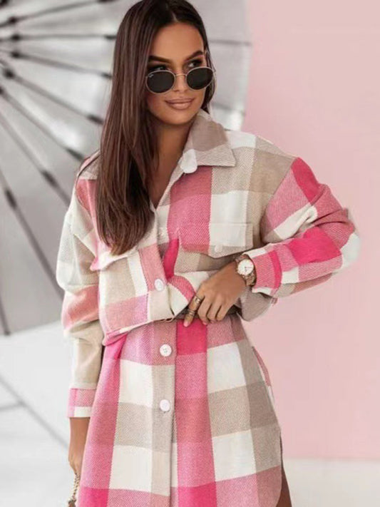 Color flannel plaid long windbreaker fashionable shirt woolen jacket