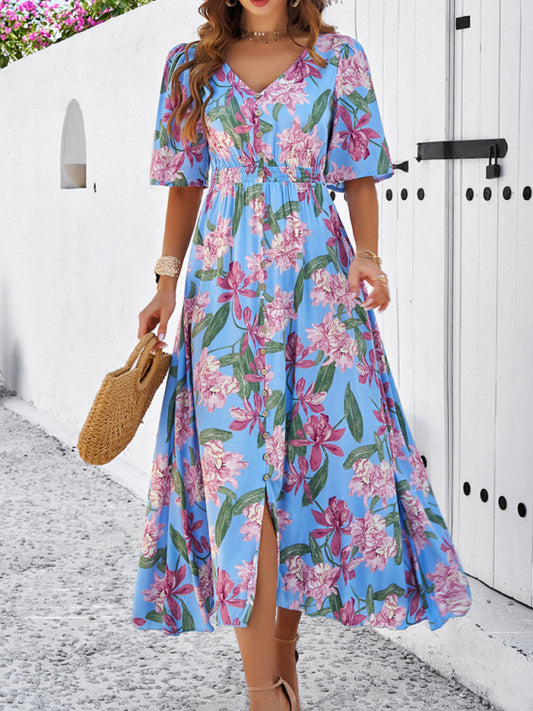 Women's spring and summer vacation casual floral print slit dress-Stellar