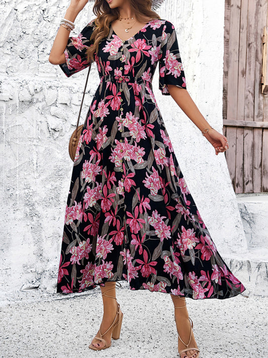 Women's spring and summer vacation casual floral print slit dress-Stellar
