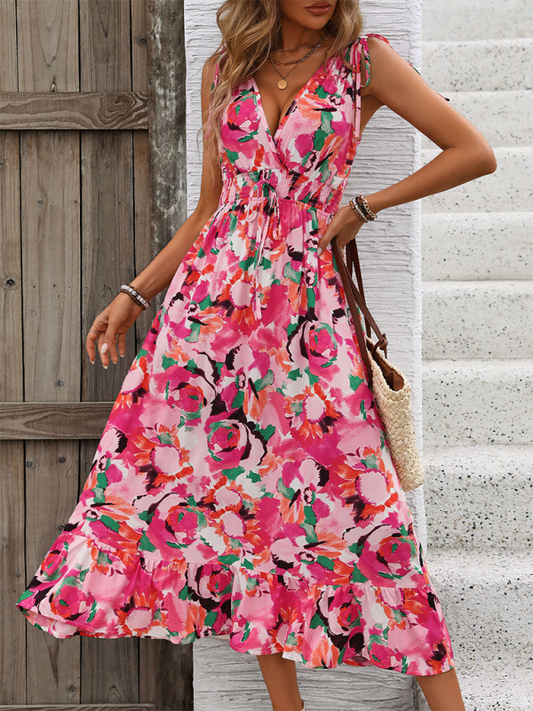 New Sleeveless Sweet Belted V-Neck Printed Dress-Stellar