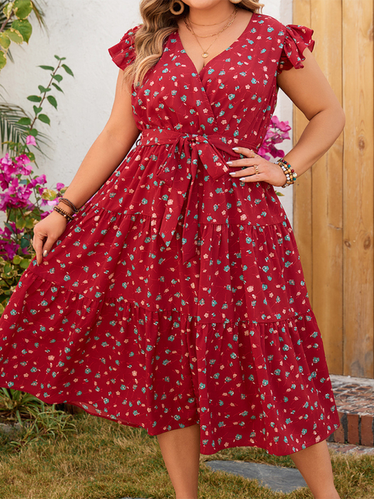 Plus size women's red printed sleeveless lace short-sleeved dress-Stellar