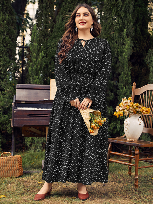 Plus size women's new polka-dot loose long-sleeved dress-Stellar