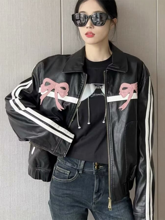 Street Fashion Bow Zipper Leather Jacket