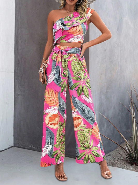 Tropical Pink Leaf Print One Shoulder Co-ord Set for Women