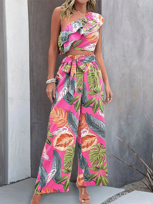 Tropical Pink Leaf Print One Shoulder Co-ord Set for Women