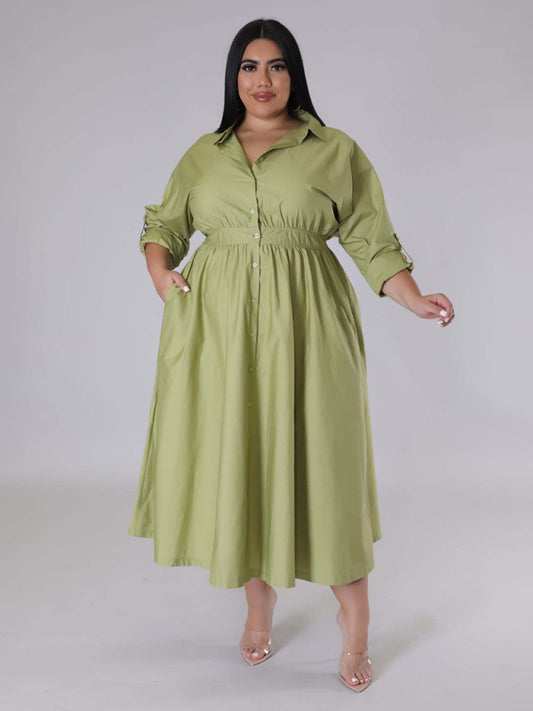 Plus Size Women's Solid Color Long Sleeve Shirt Dresses-Stellar
