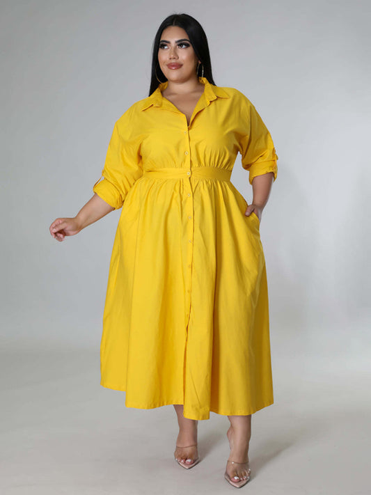 Plus Size Women's Solid Color Long Sleeve Shirt Dresses-Stellar