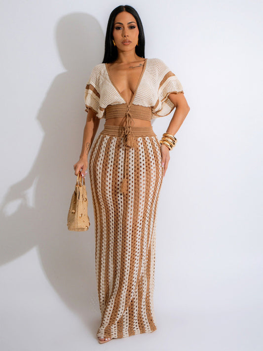 Women's Sexy V-neck Hollow Striped Knitted Long Skirt