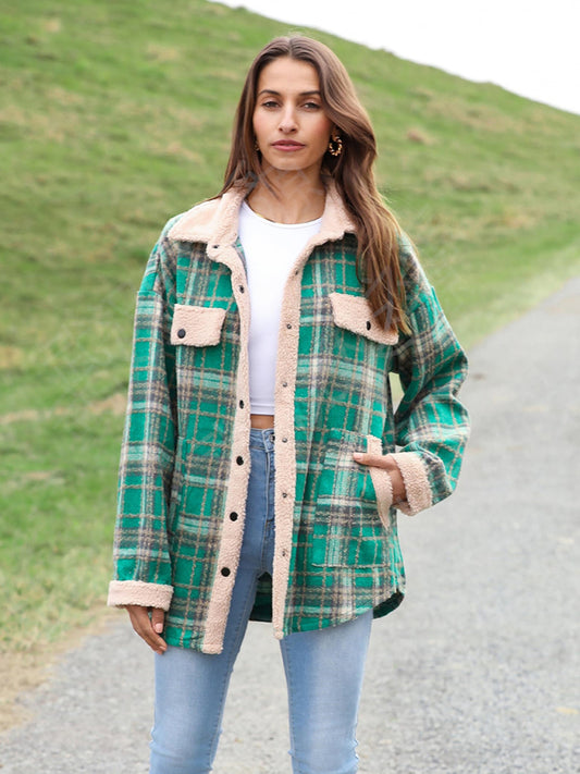 Casual  winter coat contrast color plaid jacket casual lapel velvet coat