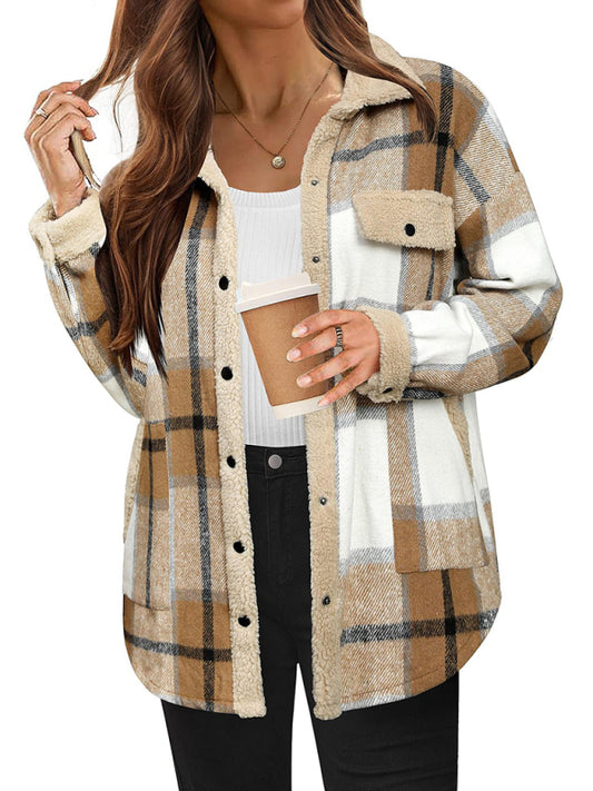 Casual  winter coat contrast color plaid jacket casual lapel velvet coat