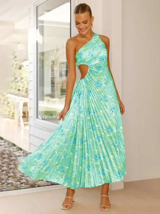 Elegant Pleated Dress One Shoulder Waist Hollow Dress