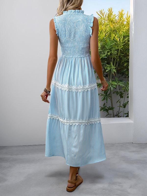 New Ruffled Round Neck Sleeveless Vest Striped Dress-Stellar